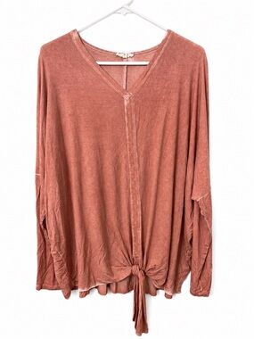 easel Washed Rusty Pink Tie-Front V-Neck Long Sleeve Top Women’s 1XL Ballet vibe